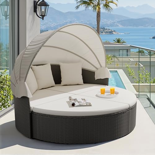Outdoor Daybed Furniture - Okrągłe łóżko ogrodowe z rozkładanym baldachimem,