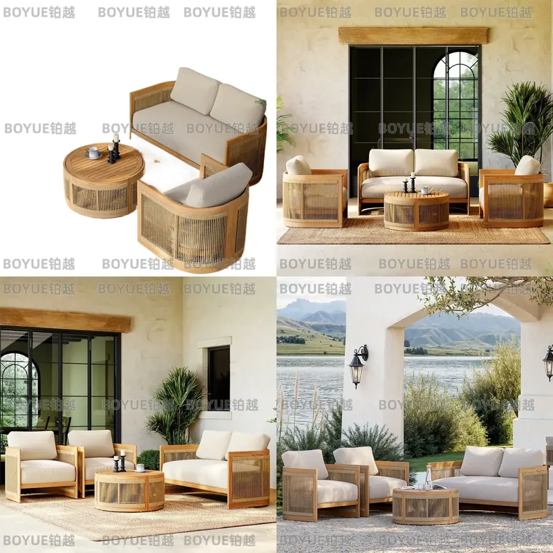 Rattan Lounge Set - Zestaw mebli ogrodowych z drewna tekowego,