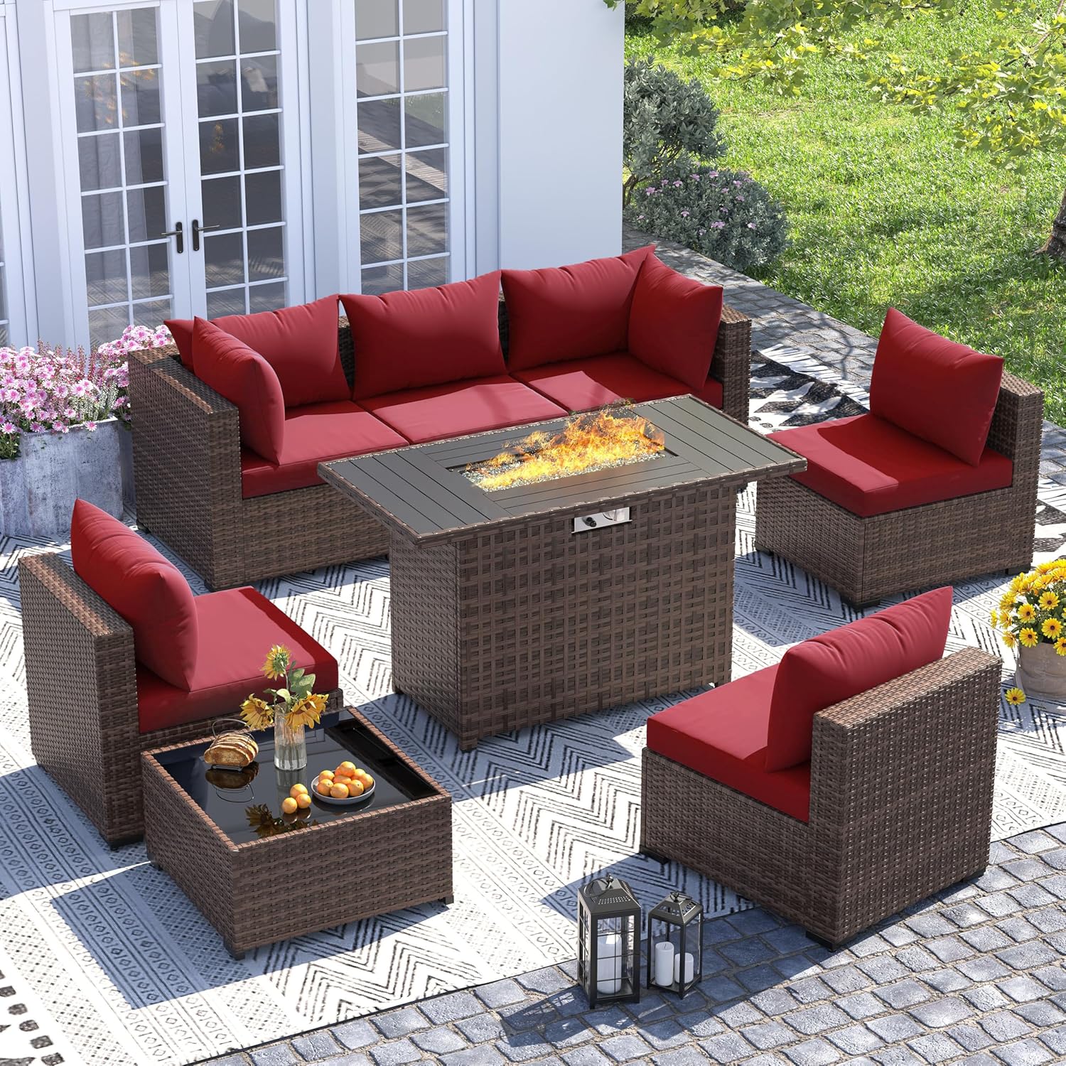 Outdoor Furniture Fire Table - 8-częściowy zestaw mebli ogrodowych z rattanu