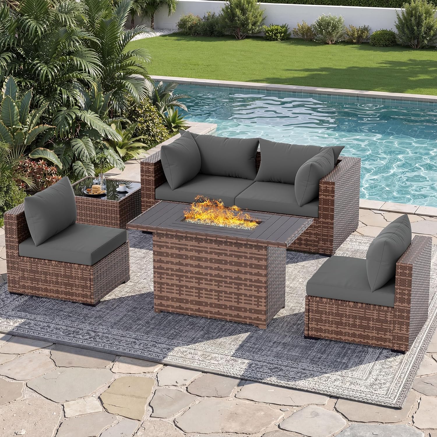 Outdoor Furniture Fire Table - 5-częściowy zestaw mebli ogrodowych z sofą