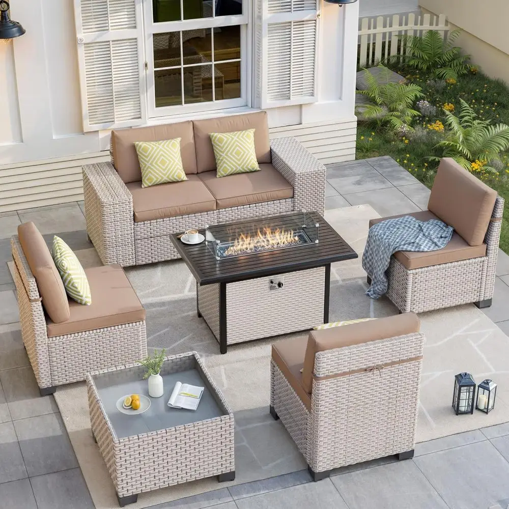 Outdoor Furniture Fire Table - 7-częściowy zestaw mebli ogrodowych z paleniskiem,