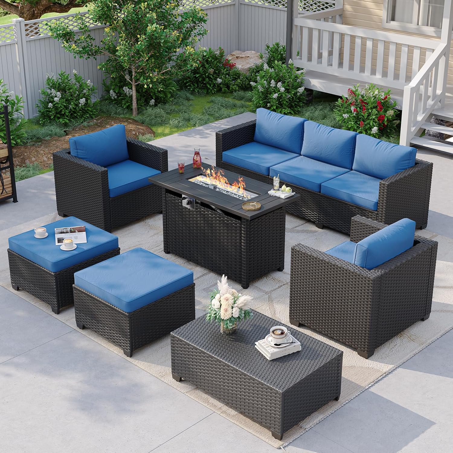 Outdoor Furniture Fire Table - Granatowy narożnik ogrodowy z paleniskiem i