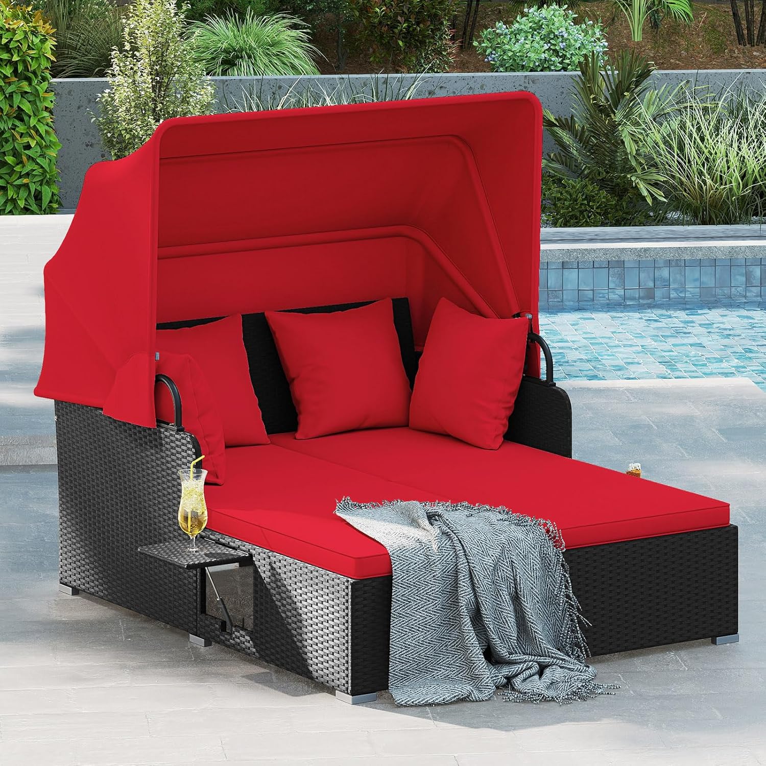 Outdoor Daybed Furniture - Dwuosobowa rattanowa leżanka ogrodowa z baldachimem,