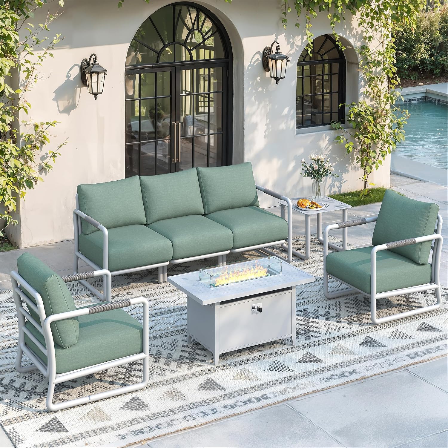 Outdoor Furniture Fire Table - 7-częściowy zestaw mebli ogrodowych z aluminium