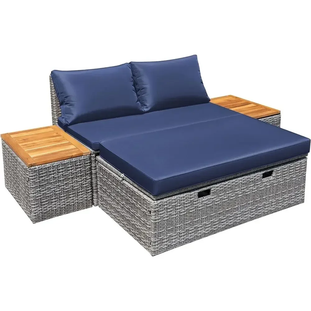 Rattan Lounge Set - Granatowy zestaw leżaków ogrodowych z rattanowym