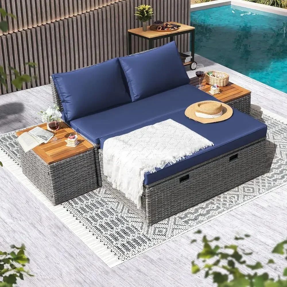 Granatowy zestaw leżaków ogrod – Rattan Lounge Set recenzja i cena