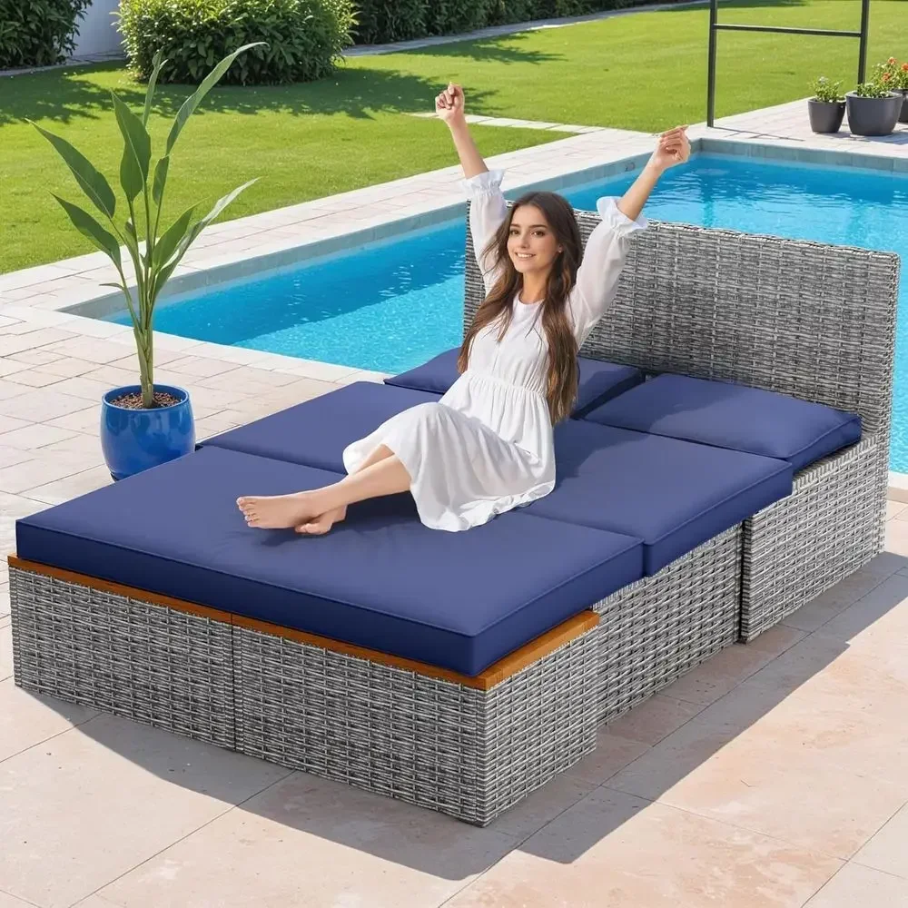 Granatowy zestaw leżaków ogrod – Rattan Lounge Set recenzja i cena