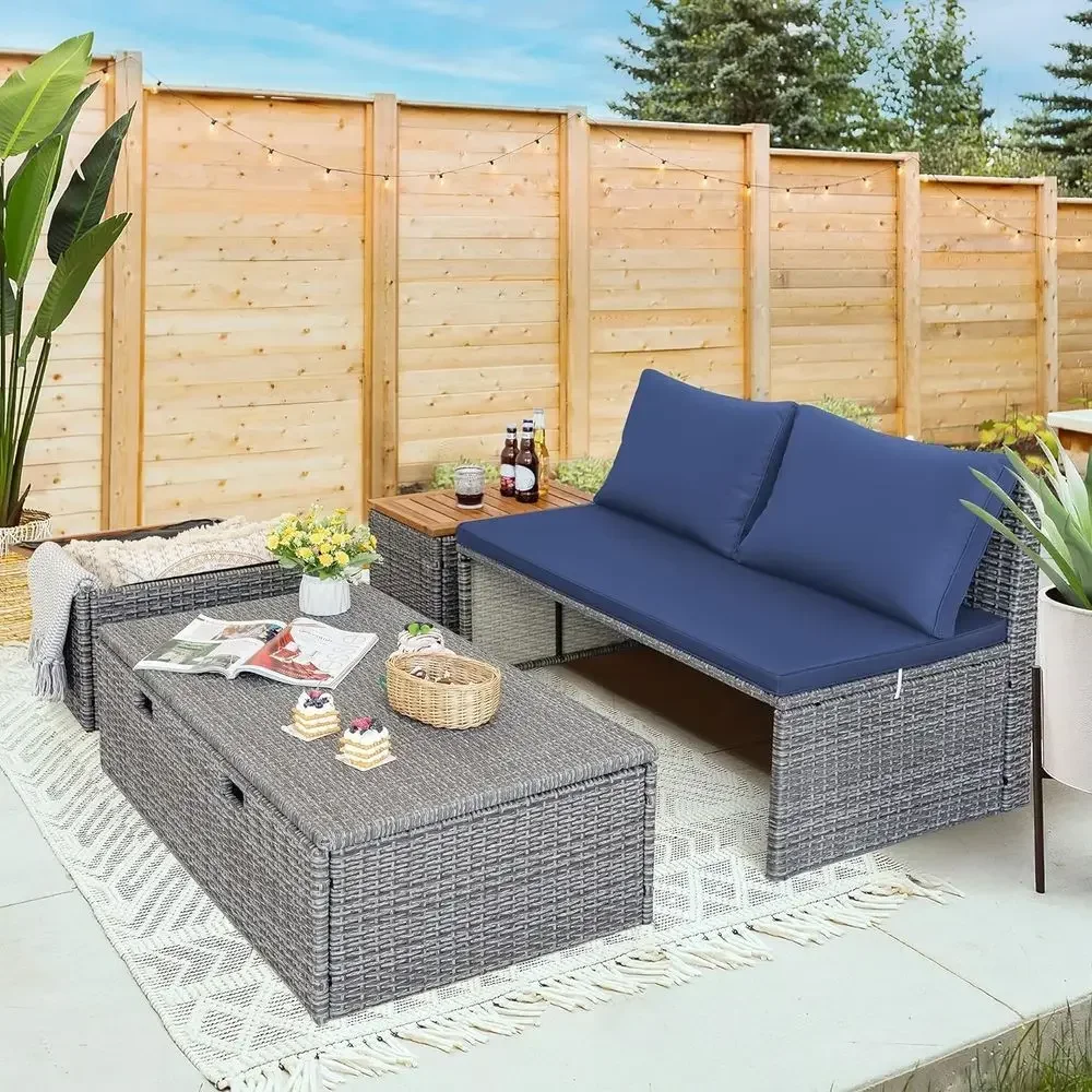 Granatowy zestaw leżaków ogrod – Rattan Lounge Set recenzja i cena